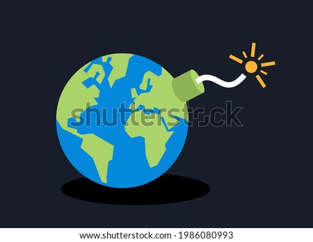 Planet earth as time bomb. Global catastrophe and disaster, destruction of the world. Globe and danger, peril and jeopardy. Vector illustration.