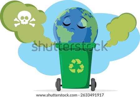 
Planet Earth in a Toxic Trash Can Vector Cartoon illustration. Terra discarded in a dumpster with dangerous litter  