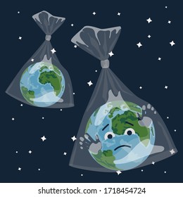 Planet Earth in a transparent plastic bag in outer space. Cartoon vector illustration on the subject of ecology. The planet is dying in plastic trash. An ecological disaster on Earth.