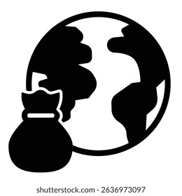 Planet earth and trash bag solid icon, climate change concept. Vector graphics. Ecology disaster, pollution danger sign on white background, style mobile or design