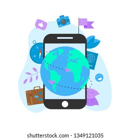 Planet Earth for travel flat design concept with two airplanes