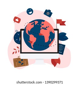 Planet Earth for travel flat design concept with two airplanes	