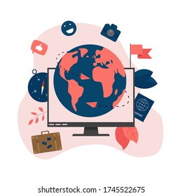 Planet Earth for travel flat design concept with two airplanes	

