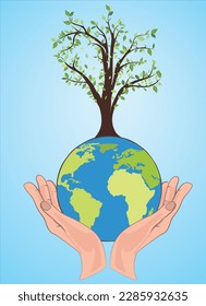 Planet earth with tree in hands nature conservation ecology vector illustration