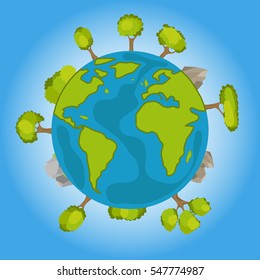 Planet earth with trees in a circle, icon planet earth, ecology, tree, stone, mountain, ocean, land, globe. Flat design, vector illustration, vector.