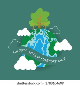Planet Earth with trees and clouds. Vector illustration for World Habitat Day. Can used for greeting card, banner, background.