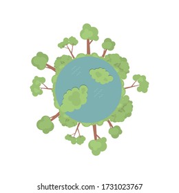 Planet earth with trees, grass and bushes in a circle. Vector illustration, flat cartoon design, eps 10.