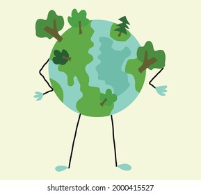 Planet earth with trees on it, a green planet. A planet with arms and legs, stylized illustration. the concept of nature protection