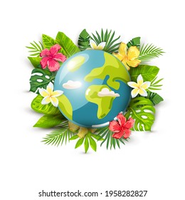 Planet Earth and tropical leaves and flowers on white background. Ecological concept. Save forest and jungle. Planet day. Planet week. Vector illustration.