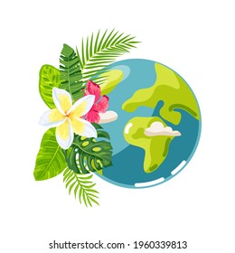 Planet Earth And Tropical Leaves And Flowers On White Background. Ecological Concept. Save Forest And Jungle. Planet Day. Planet Week. Vector Illustration.