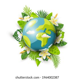 Planet Earth And Tropical Leaves And Flowers On White Background. Ecological Concept. Save Forest And Jungle. Planet Day. Planet Week. Vector Illustration.