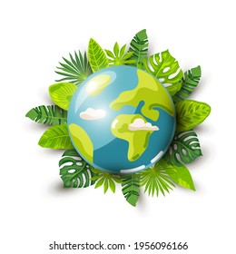Planet Earth and tropical leaves on white background. Ecological concept. Save forest and jungle. Planet day. Planet week. Vector illustration.