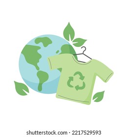 Planet Earth with t-shirt on a hanger and leaves. Slow fashion concept. Vector illustration