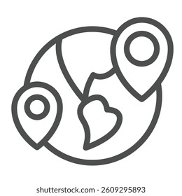Planet earth with two location pins line icon, remote work concept. Vector graphics. World globe and geolocations sign on white background, outline style icon for mobile or web design