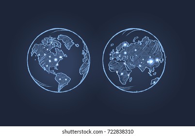 Planet earth from two sides, globe with blue lights in different parts of world vector illustration isolated on dark-blue background