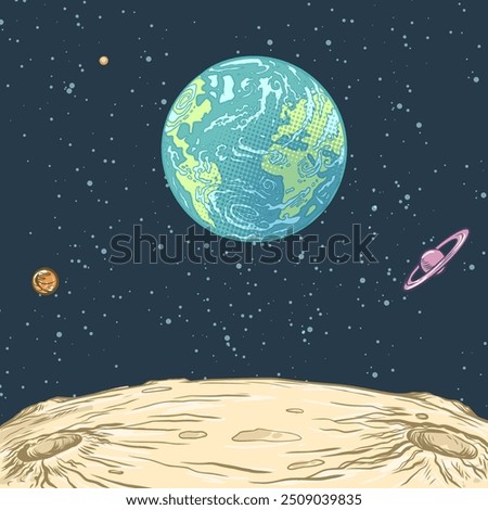 Planet earth in the universe. Picture of the starry sky. A side view of the planet. Pop Art Retro Vector Illustration Kitsch Vintage 50s 60s Style