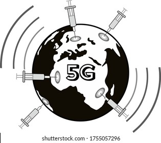 Planet Earth and vaccine syringes vaccinate the entire planet from the virus. Concept: humanity problems from global vaccination and exposure to 5G radiation. Black-white icon. COVID-19 vaccine.