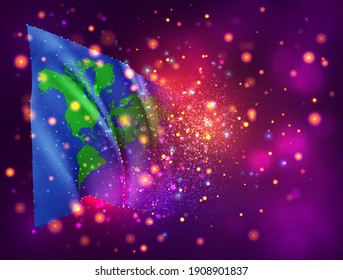 planet Earth vector 3d flag on pink purple background with lighting and flares