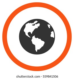 Planet Earth vector bicolor rounded icon. Image style is a flat icon symbol inside a circle, orange and gray colors, white background.