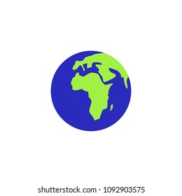 Planet earth, vector flat illustration, circle, continent africa, europe, silhouette card, blue, green