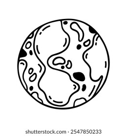 Planet Earth vector icon. Hand drawn space element, cosmic globe. International Earth Day. Simple sketch, black and white doodle. Astronomical symbol, world map, eco sign. Silhouette for logo, print