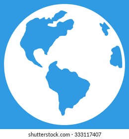 Planet Earth vector icon. Style is flat symbol, white color, rounded angles, blue background.