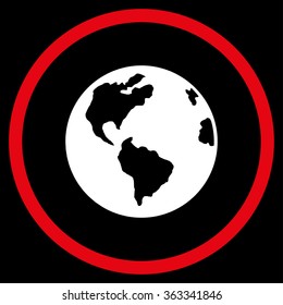 Planet Earth vector icon. Style is bicolor flat circled symbol, red and white colors, rounded angles, black background.