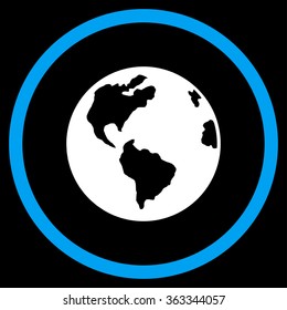 Planet Earth vector icon. Style is bicolor flat circled symbol, blue and white colors, rounded angles, black background.