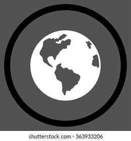 Planet Earth vector icon. Style is bicolor flat circled symbol, black and white colors, rounded angles, gray background.