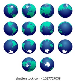 Planet Earth vector illustration. Detailed Earth's hemispheres maps. Globe, sphere. World map. North pole / South pole. Europe, Asia, Australia, America, Africa, Antarctica maps.