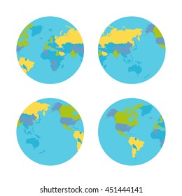 Planet Earth vector illustration from four sides. World Globe circular sequence with political map . Countries silhouettes on planet surface. Global world concept. Isolated on white background.