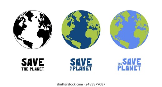 Planet Earth vector illustration with Save the Planet lettering phrase designs. Protect the Earth, saving nature, ecology, environment problems logo, icon, banner, poster set