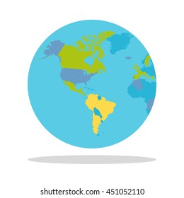 Planet Earth vector illustration. World Globe with political map. Countries silhouettes on the planet surface. Global world concept. North and South America, Pacific and Atlantic oceans on white.