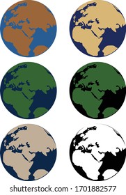 Representación del vector Planeta Tierra en blanco y negro y otros 5 colores. Diseño de ilustración de la Tierra en blanco y negro.