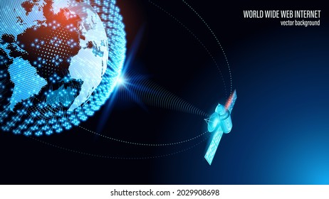 Planet Earth. Vector. A satellite in orbit transmits a signal to the surface of our planet. Space Internet. World Wide Web. A satellite in orbit transmits a signal to the surface of our planet. 