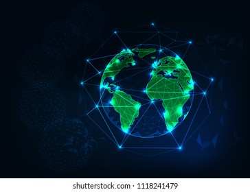 Planet Earth view from space with green continents outlines abstract background. Globalization, connection, ecology cconcept. Low poly wireframe, lines and dots glowing design. Vector illustration.