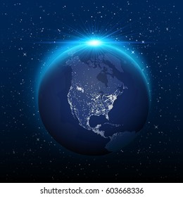 Planet earth view from space to nocturnal america. Vector illustration