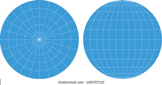 Planet earth viewed from the pole and frontal view. Grid of meridians and parallels / latitude and longitude. 3D vector illustrations