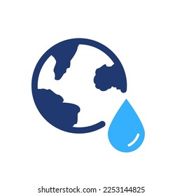 Planet Erde und Wassertropfen Silhouette Symbol. Konzept der Wasserrettung. Weltwassertag. Global Resources of Liquid of Earth Color Icon. Symbol für Ökologie und Umwelt. Vektorgrafik.