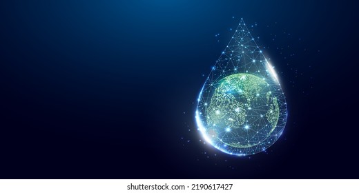 Planet Erde im Wassertropfen. Weltwassertag, Umweltschutz, Ökologie-Konzept. Wireframe, Low-Poly-Stil, einzeln auf dunkelblauem Hintergrund. Vektorgrafik