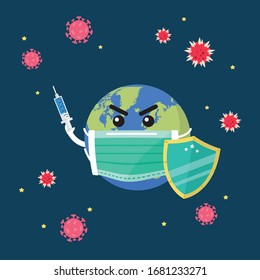 Planet earth wearing a protection medical mask and use vaccine to protect and fight surrounding Covid-19 Coronavirus, COVID-19. Earth Day Stop the Coronavirus Concept Banner. 