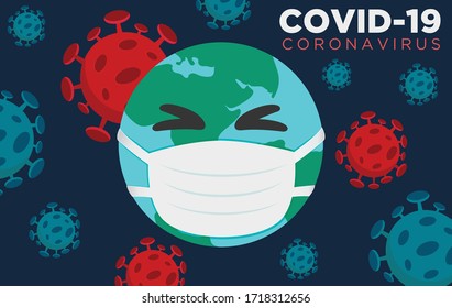 Planet earth wearing a protection medical mask.sad Earth wearing medical face mask, Coronavirus attacking the earth.Coronavirus Cells,2019 Novel Coronavirus. Stop Covid-19