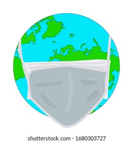 Planet earth wearing protective face mask. Fine dust, environmental, air pollution, industrial smog, pollutant gas emission, virus pandemic. Earth Day or global virus protection concept. Stock vector