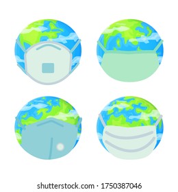 Planet earth wearing protective face mask set. Environmental pollution, fine dust, air pollution, industrial smog, covid-19 pandemic, lockdown, health, environmental problems, safety, quarantime