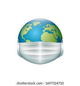 Planet Earth wearing respiratory face mask - World protecting - isolated vector illustration