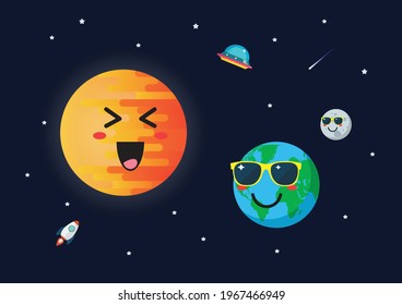 Planet earth wearing sunglasses againts sun character. Funny cartoon emoticons on space background.