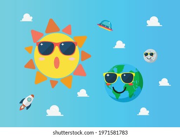 Planet earth wearing sunglasses againts sun character on blue sky. Summertime concept. Funny cartoon emoticons on space background.