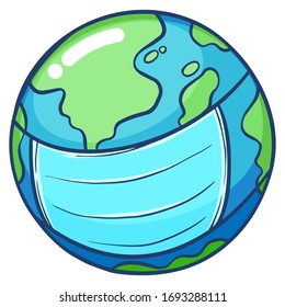 Planet earth wearing surgical mask for protection, hand drawn vector illustration isolated on white background