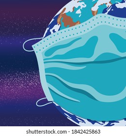 Planet Earth wears a medical face mask to protect itself from coronavirus disease
