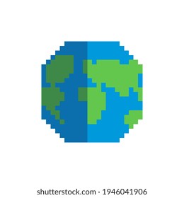 Planet Earth web site pixel art flat style icon. World map isolated vector illustration. 8-bit sprite.  Game assets.